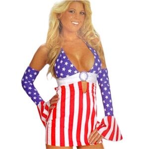 NWT Sexy Retro Vintage Patriotic 1pc Red White Blue Mini Bodycon Dress w/ Bling